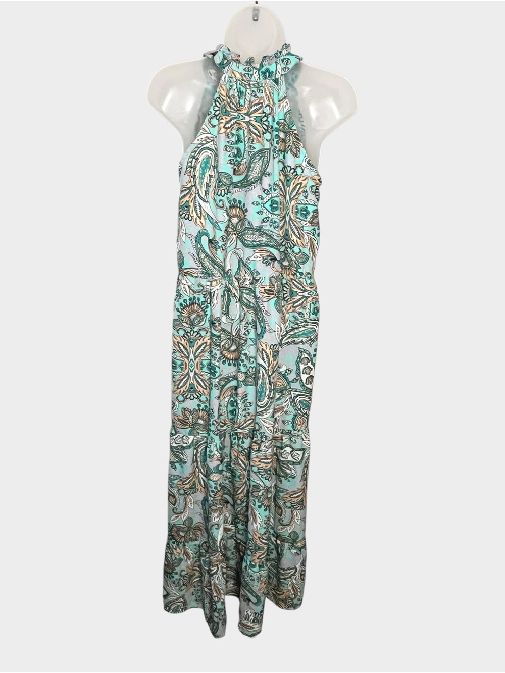 HARLOW & ROSE Aqua Paisley Halter Maxi Dress with Tassel Tie Size Small - Picture 4 of 7